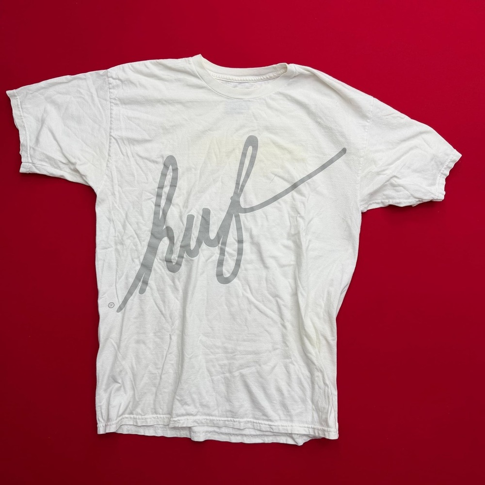 HUF Mens White Script Logo Graphic T-Shirt Large VTG Y2K Streetwear Skate Tee